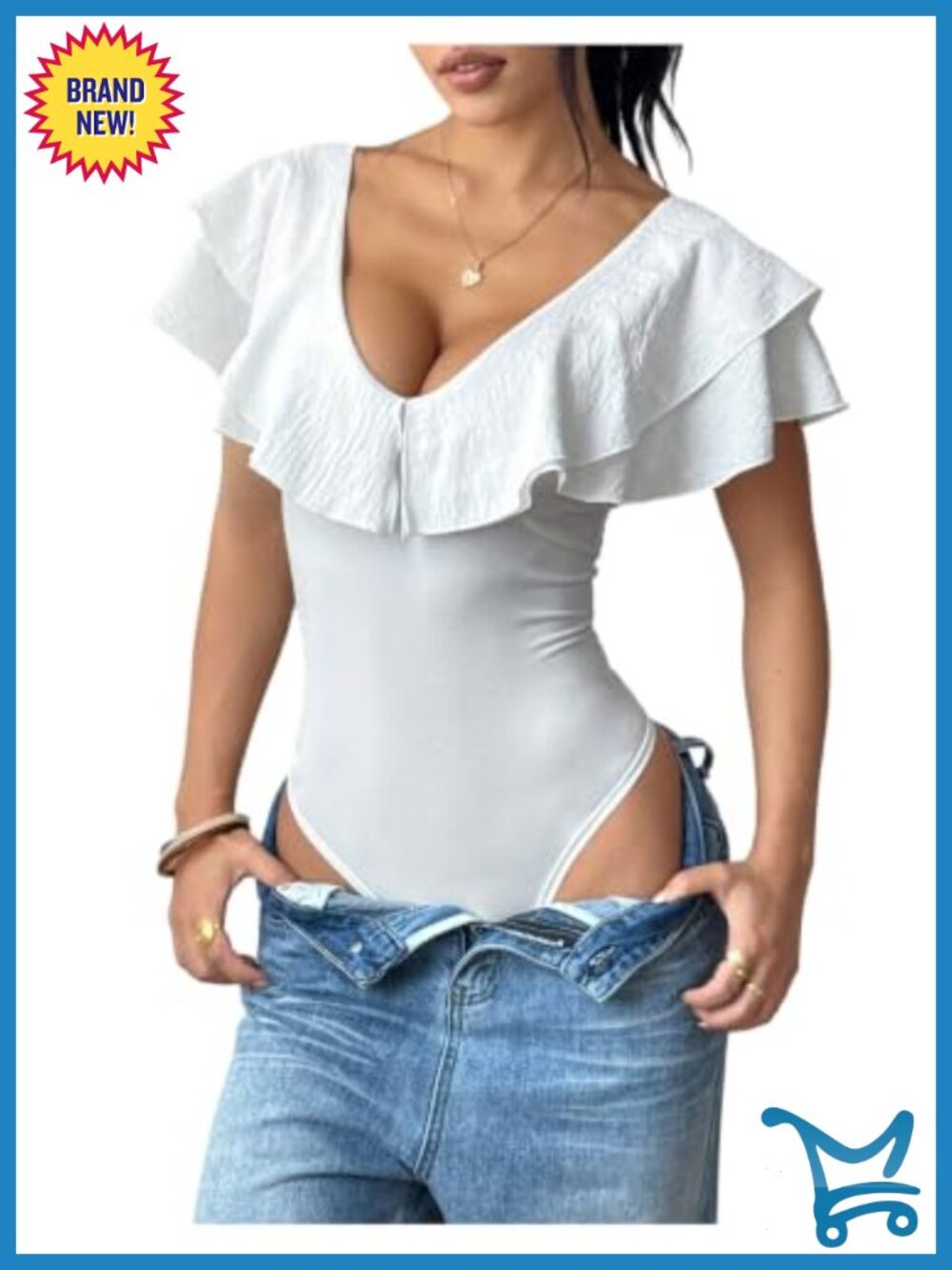 Women's Deep V Neck Ruffle Bodysuit Dressy Short Sleeve Slim Fit